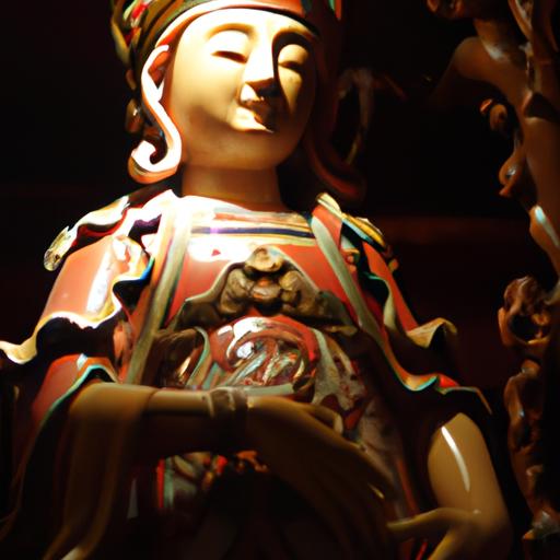 Tượng Phật Quan Âm Gỗ Được Chiếu Sáng Đẹp Trong Đền Chùa.
