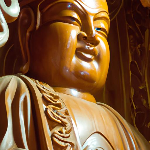 Tượng Phật Quan Âm Gỗ Lớn Với Những Họa Tiết Chạm Trổ Tinh Xảo Và Bộ Mặt Thanh Tịnh.
