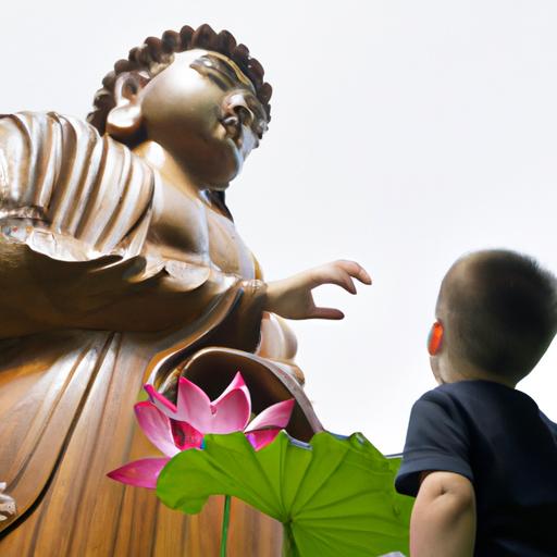 Tượng Phật Quan Âm Bằng Gỗ Với Một Đứa Trẻ Đang Đứng Bên Cạnh Cầm Một Bông Sen Và Nhìn Lên Tượng.