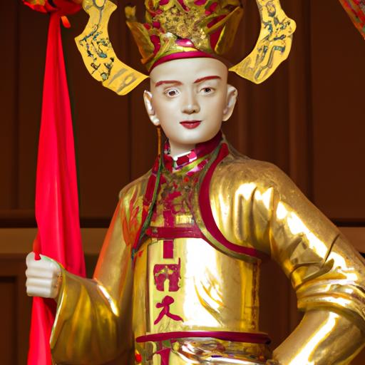 Tượng Phật Quan Âm Mặc Áo Dài Truyền Thống Việt Nam Với Tone Màu Đỏ Và Vàng Sang Trọng.