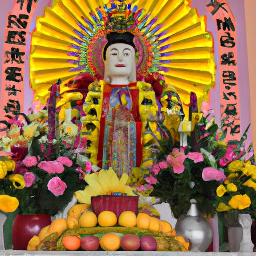 Tượng Phật Quan Âm Tự Tại Được Trang Trí Bằng Hoa Và Những Vật Phẩm Cúng Dường