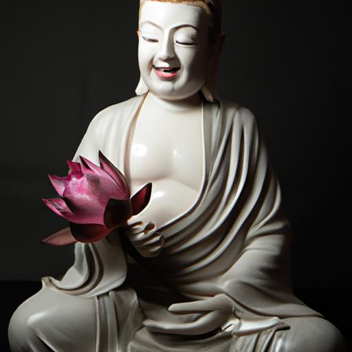 Tượng Phật Thích Ca Bằng Sứ Với Nụ Cười An Nhiên Và Bông Sen Trong Tay