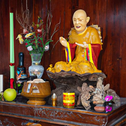 Tượng Phật Thích Ca Mâu Ni Đặt Trên Bàn Thờ Gỗ Với Các Món Đồ Cúng