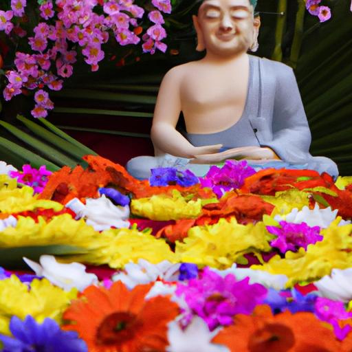 Tượng Phật Thích Ca Trong Chùa Được Bao Quanh Bởi Những Bông Hoa Đầy Màu Sắc