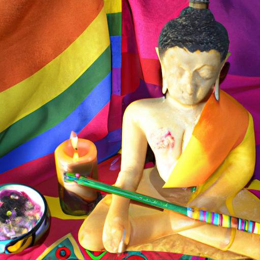 Tượng Phật Trên Nền Vải Nhiều Màu Sắc Với Hương Và Nến