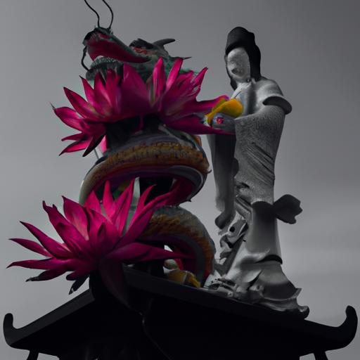 Tượng Phật Bà Quan Âm Nghìn Mắt Nghìn Tay Cầm Hoa Sen Đứng Trên Tượng Rồng.