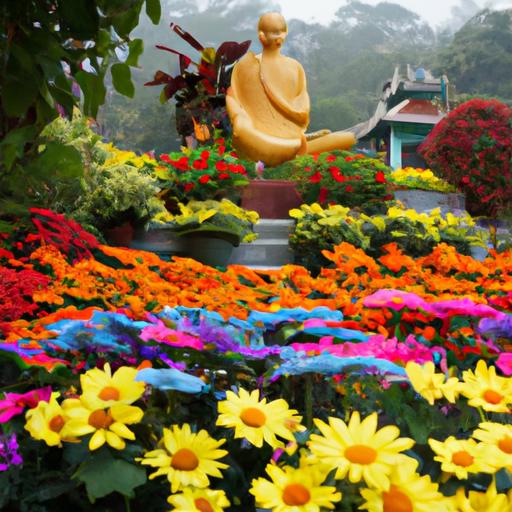 Tượng Tam Thế Phật Được Bao Quanh Bởi Những Bông Hoa Đầy Màu Sắc Trong Khu Vườn Chùa
