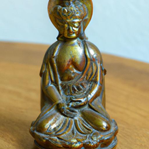 Tượng Phật Bà Quan Thế Âm Bồ Tát Nhỏ Trong Tư Thế Sen, Làm Bằng Đồng Và Đặt Trên Nền Gỗ.