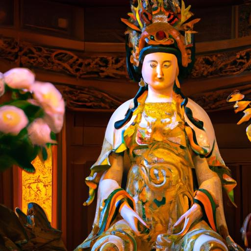 Tượng Phật Bà Quan Thế Âm Bồ Tát Với Nụ Cười Từ Bi Và Vòng Tròn Sáng Phía Sau Đầu, Đặt Trên Bàn Thờ.