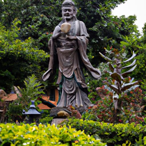 Tượng Phật Bà Quan Âm Bằng Đồng Cổ Hùng Vĩ, Được Bao Quanh Bởi Cây Xanh Tươi Tốt Trong Một Khu Vườn.