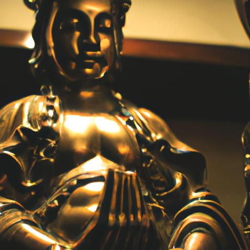 Tượng Phật Bà Quan Âm Được Làm Bằng Đồng, Với Những Chi Tiết Tinh Xảo Và Khuôn Mặt Bình An.