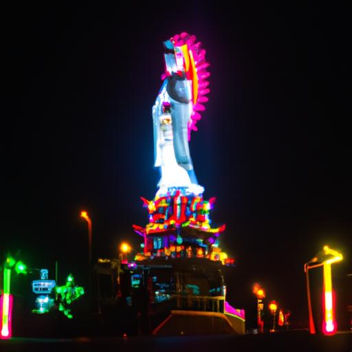 Cảnh Tượng Phật Bà Quan Âm Nghìn Mắt Nghìn Tay Lung Linh Với Ánh Đèn Đa Sắc Vào Ban Đêm.