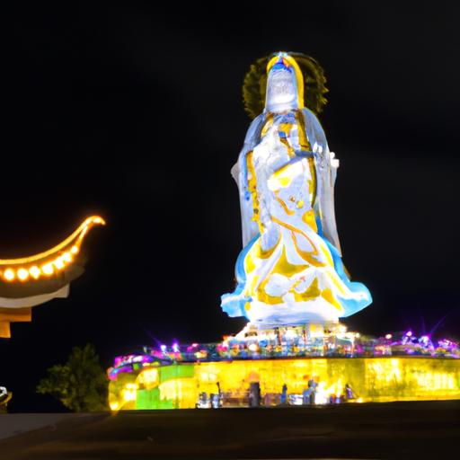 Tượng Phật Quan Âm Cao Nhất Thế Giới Tỏa Sáng Trong Đêm Với Ánh Đèn Đầy Màu Sắc.