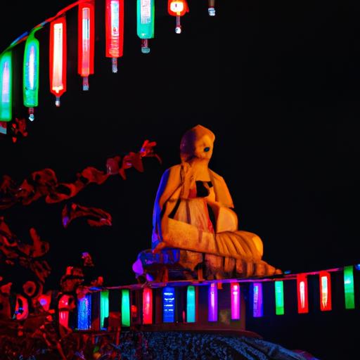 Chụp Tượng Phật Quan Âm Vào Ban Đêm Với Ánh Sáng Đa Dạng Màu Sắc