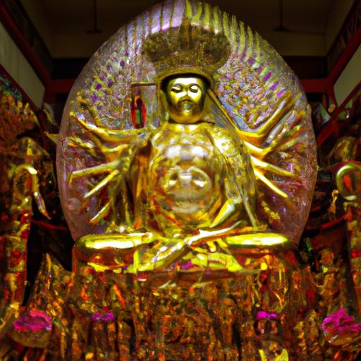 Tượng Phật Quan Âm Nghìn Mắt Nghìn Tay Bằng Vàng Trong Không Gian Yên Bình Của Chùa.