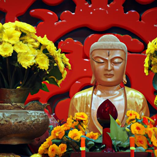 Tượng Phật Thích Ca Được Bao Quanh Bởi Hoa Và Hương Trầm Trong Đền Chùa.