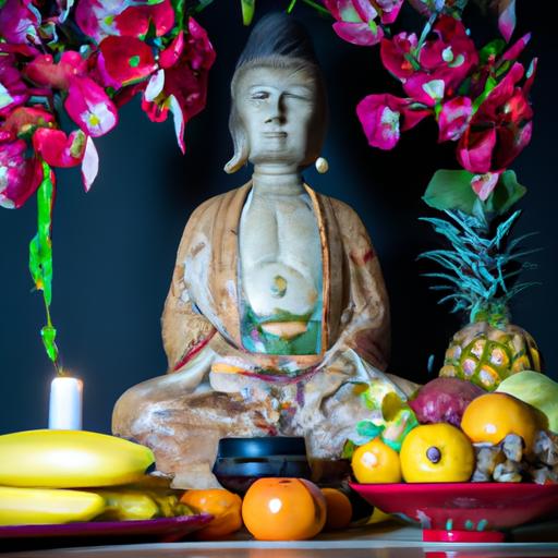 Tượng Phật Trên Bàn Thờ Được Bao Quanh Bởi Hoa Và Trái Cây.